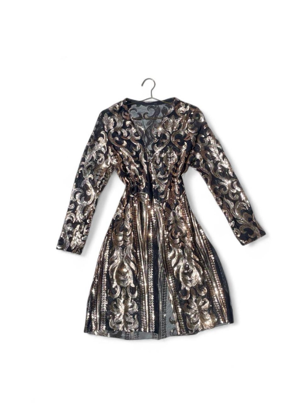 Black Gold Baroque Sequin Mesh Open Front Midi Duster Cardigan - S/M